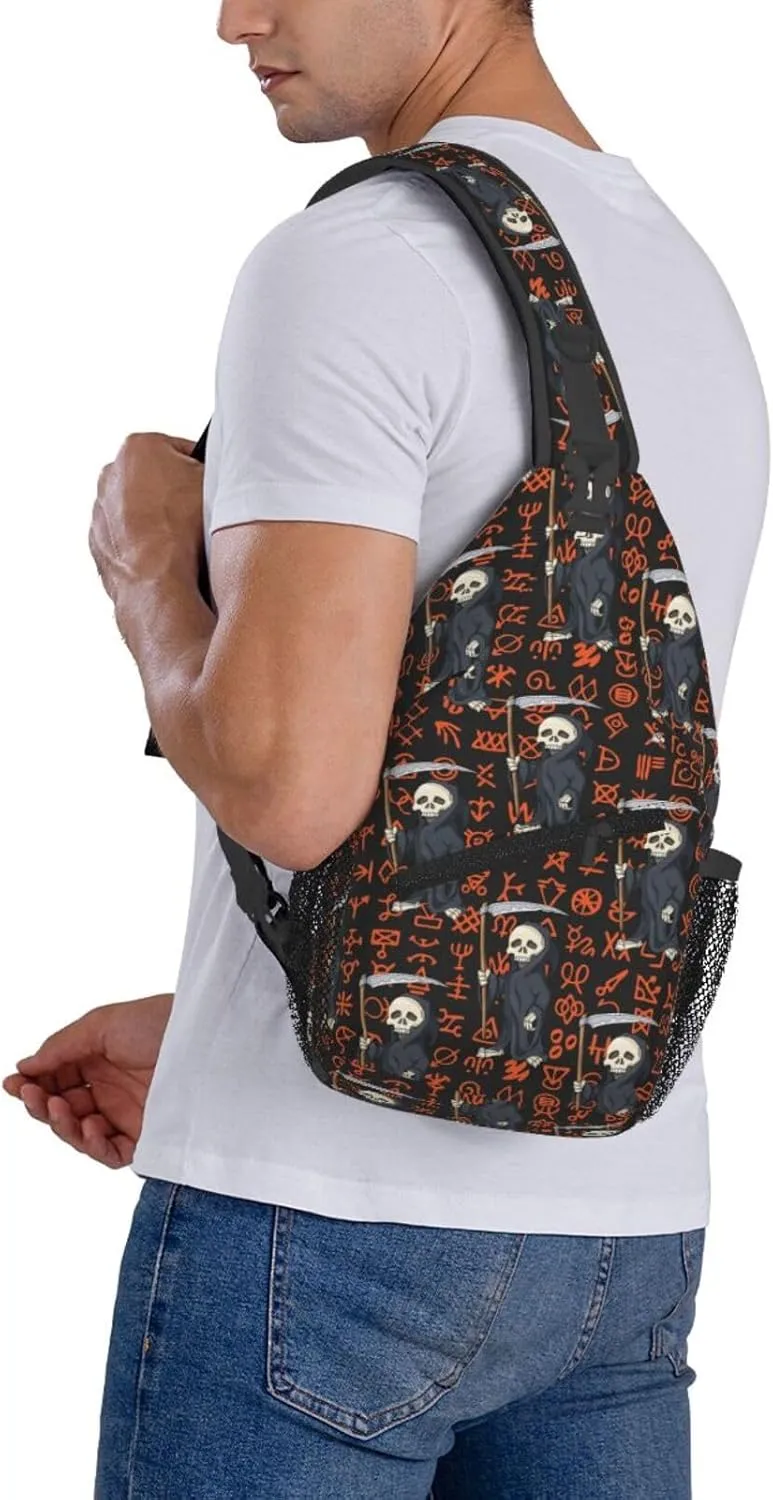 Halloween Skeletons Sickle Special Symbols Cross Chest Bag Diagonally Hiking Crossbody Bag Travel Shoulder Daypack Lightweight Sling Backpack Cycling Daypacks Fitness Chest Backpacks