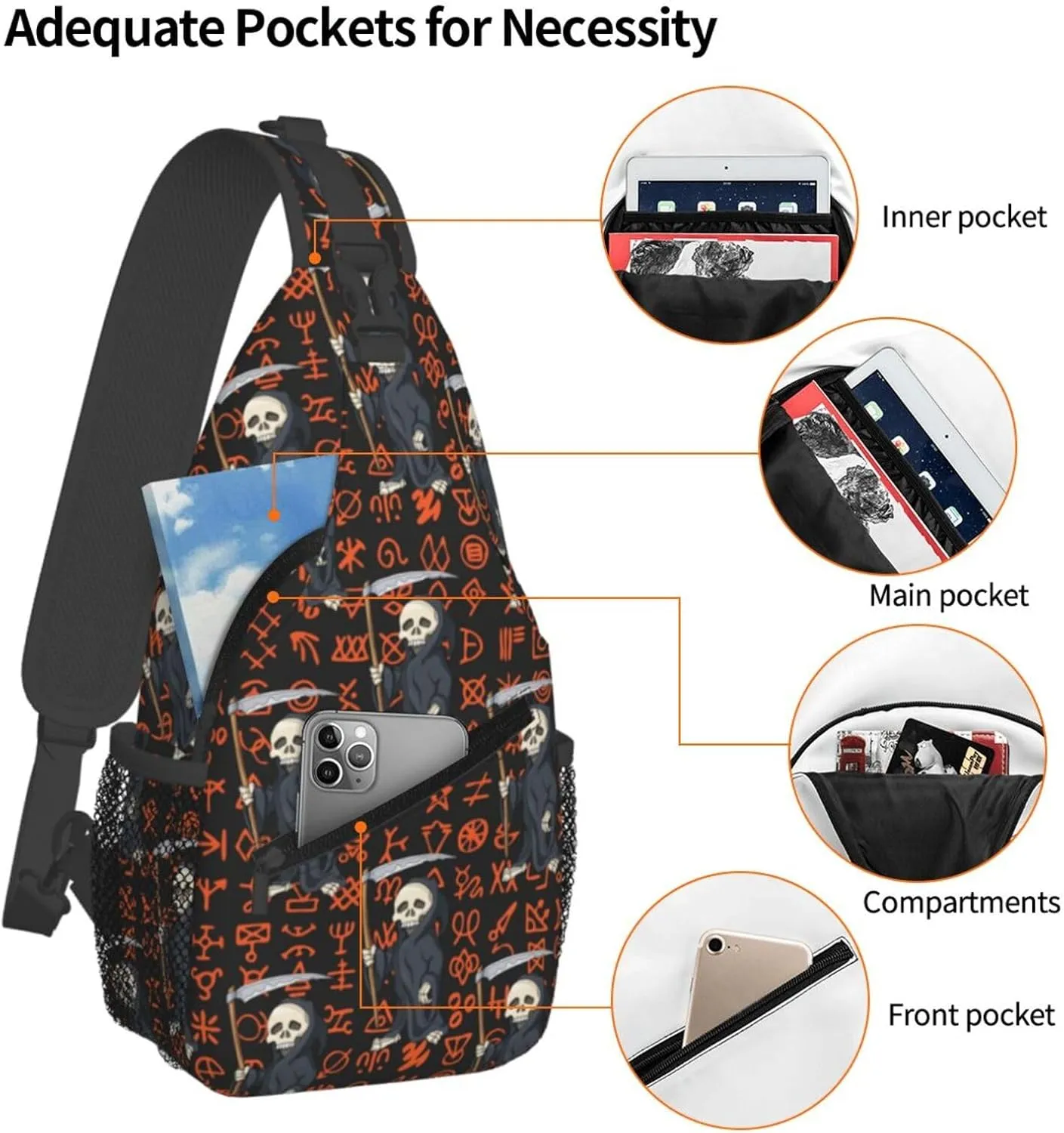 Halloween Skeletons Sickle Special Symbols Cross Chest Bag Diagonally Hiking Crossbody Bag Travel Shoulder Daypack Lightweight Sling Backpack Cycling Daypacks Fitness Chest Backpacks