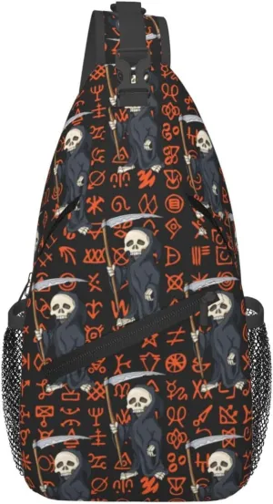 Halloween Skeletons Sickle Special Symbols Cross Chest Bag Diagonally Hiking Crossbody Bag Travel Shoulder Daypack Lightweight Sling Backpack Cycling Daypacks Fitness Chest Backpacks