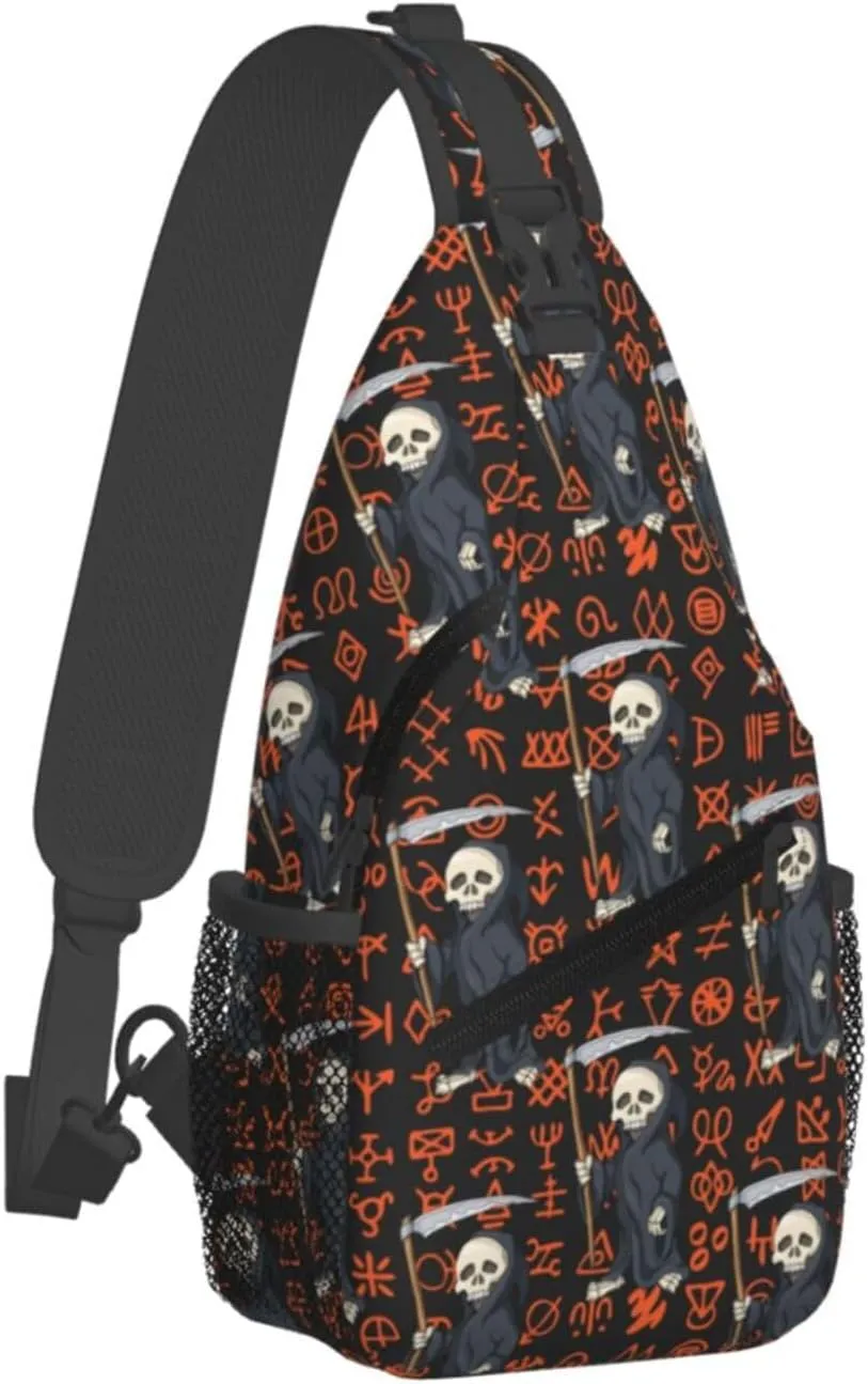 Halloween Skeletons Sickle Special Symbols Cross Chest Bag Diagonally Hiking Crossbody Bag Travel Shoulder Daypack Lightweight Sling Backpack Cycling Daypacks Fitness Chest Backpacks