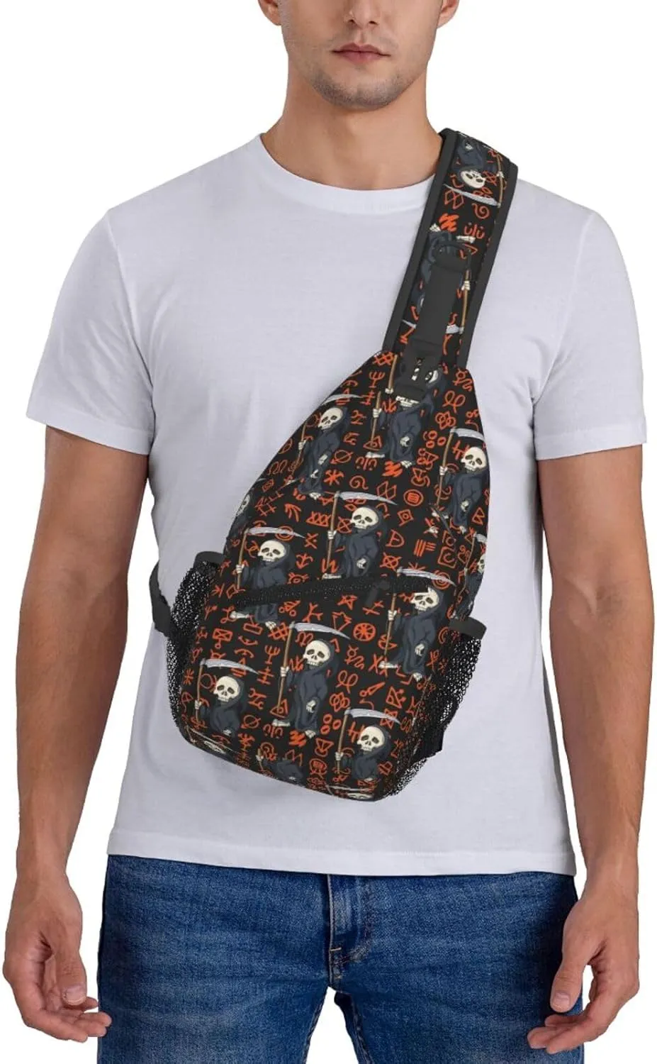 Halloween Skeletons Sickle Special Symbols Cross Chest Bag Diagonally Hiking Crossbody Bag Travel Shoulder Daypack Lightweight Sling Backpack Cycling Daypacks Fitness Chest Backpacks
