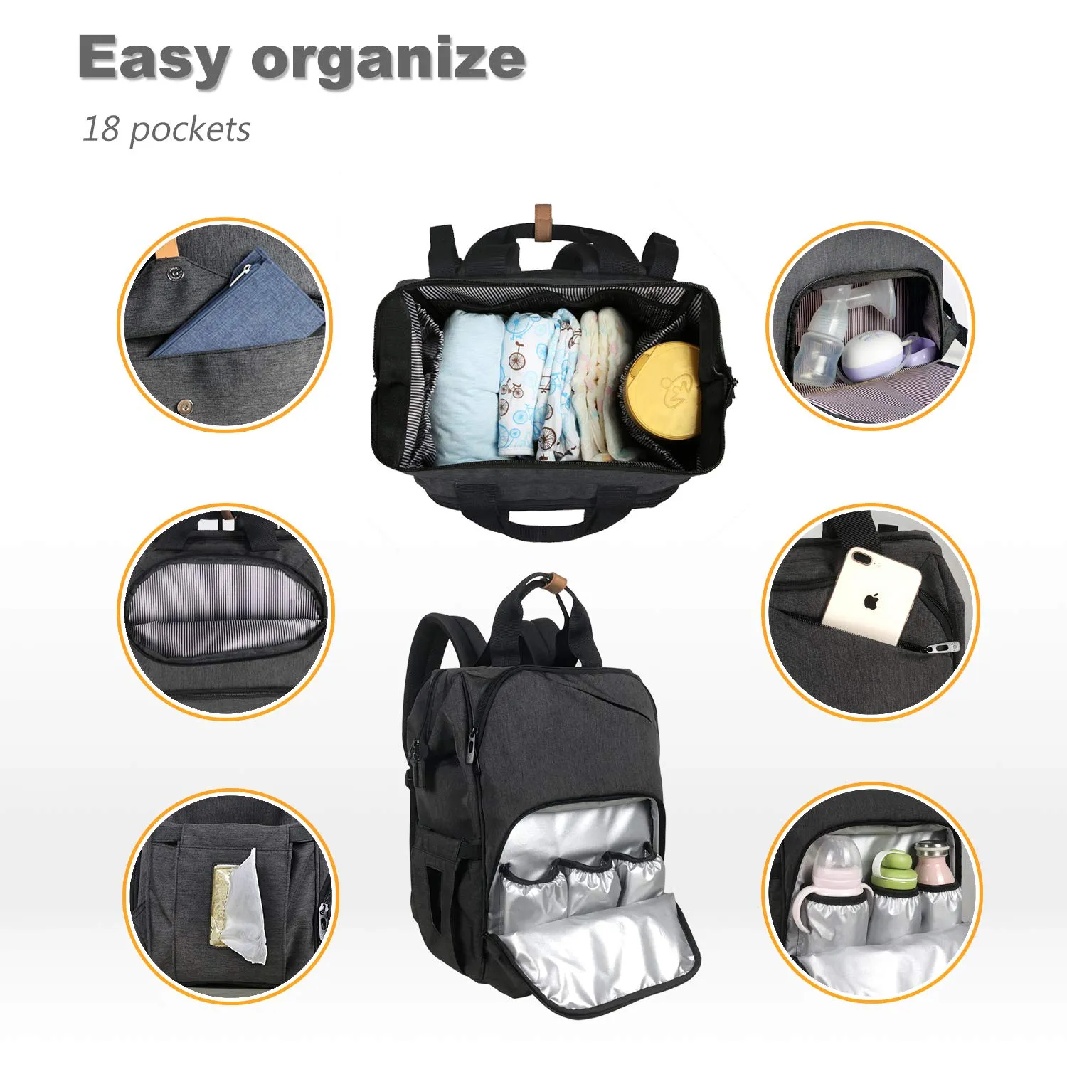 Hap Tim Diaper Bag Backpack,Large Capacity Travel Back Pack Maternity Baby Nappy Changing Bags, Double Compartments with Stroller Straps,Waterproof,Black (US7340-DG)