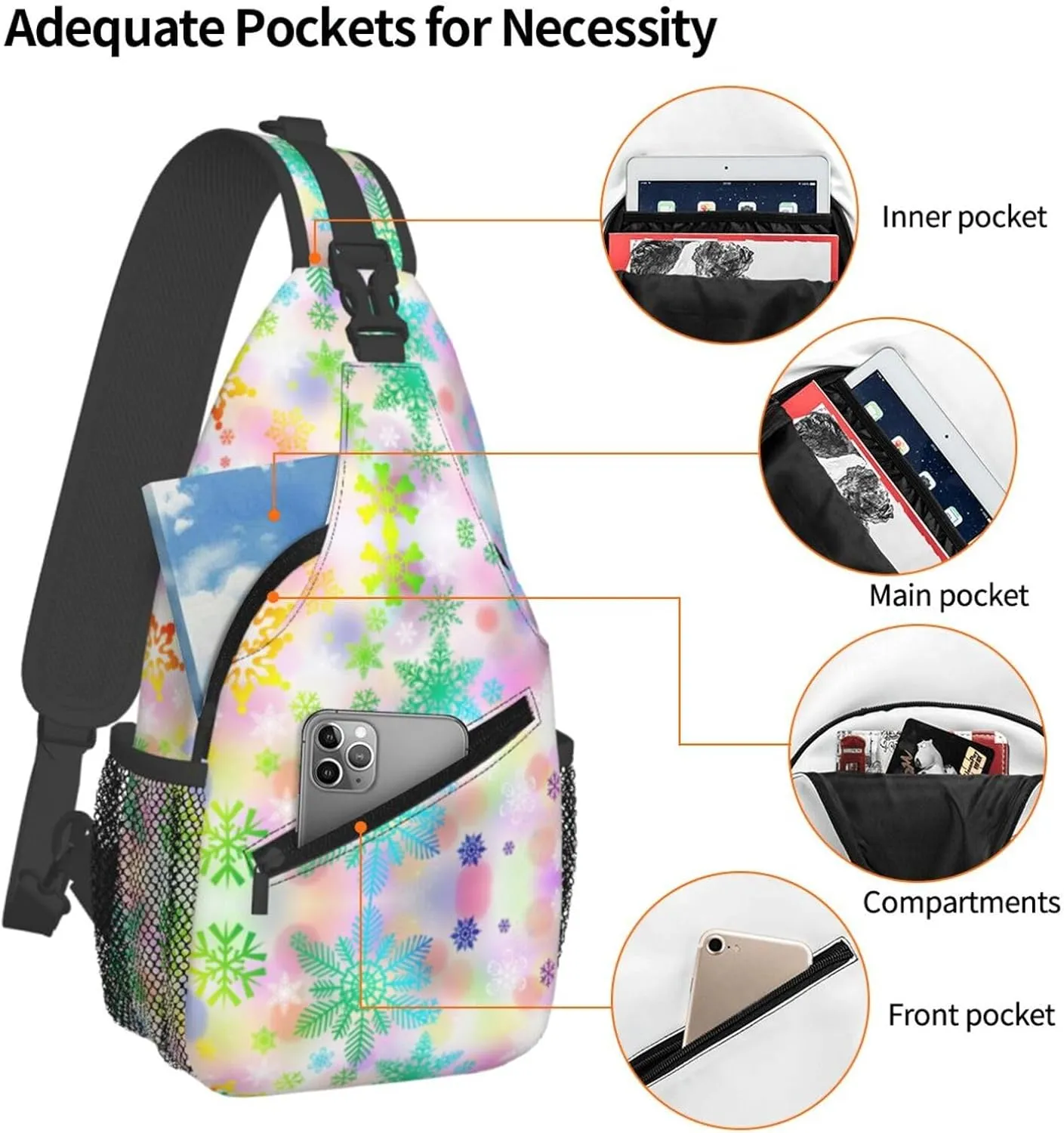 Happy Christmas Colored Snowflakes Cross Chest Bag Diagonally Hiking Crossbody Bag Travel Shoulder Daypack Lightweight Sling Backpack Cycling Daypacks Fitness Chest Backpacks