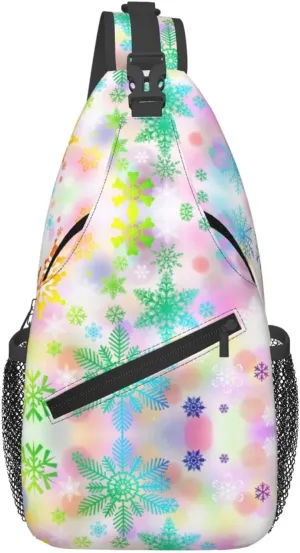 Happy Christmas Colored Snowflakes Cross Chest Bag Diagonally Hiking Crossbody Bag Travel Shoulder Daypack Lightweight Sling Backpack Cycling Daypacks Fitness Chest Backpacks