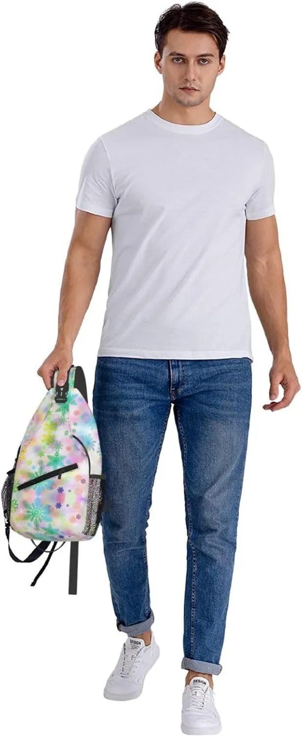 Happy Christmas Colored Snowflakes Cross Chest Bag Diagonally Hiking Crossbody Bag Travel Shoulder Daypack Lightweight Sling Backpack Cycling Daypacks Fitness Chest Backpacks