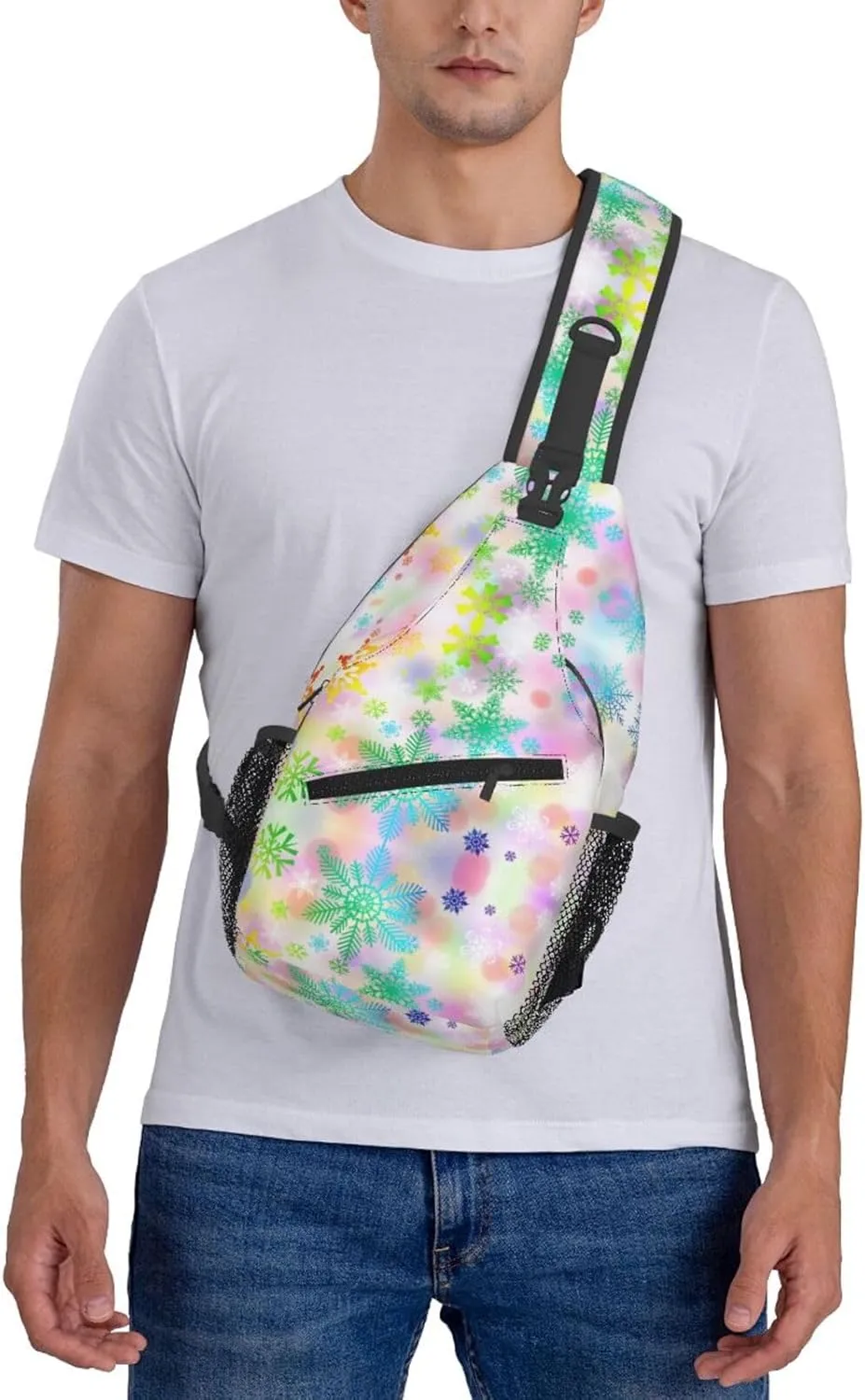 Happy Christmas Colored Snowflakes Cross Chest Bag Diagonally Hiking Crossbody Bag Travel Shoulder Daypack Lightweight Sling Backpack Cycling Daypacks Fitness Chest Backpacks