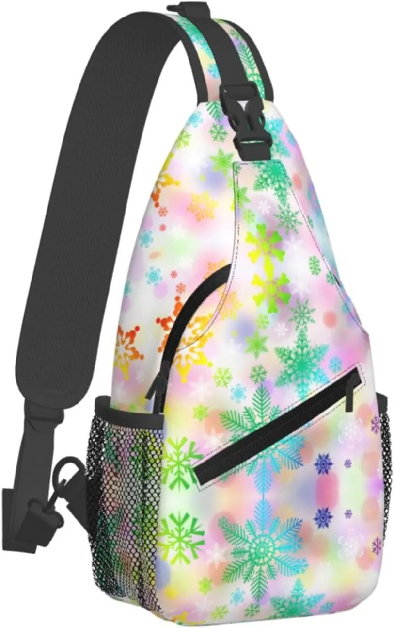 Happy Christmas Colored Snowflakes Cross Chest Bag Diagonally Hiking Crossbody Bag Travel Shoulder Daypack Lightweight Sling Backpack Cycling Daypacks Fitness Chest Backpacks