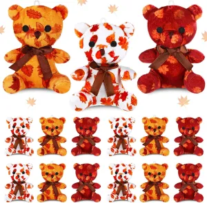 Haull 18 Pcs Fall Leaf Shaped Stuffed Animals Bears Bulk Gifts Plush Bears Bulk Mini Soft Stuffed Toys Small Cute Plush Bear 4" for Kids Adults Party Favors Home