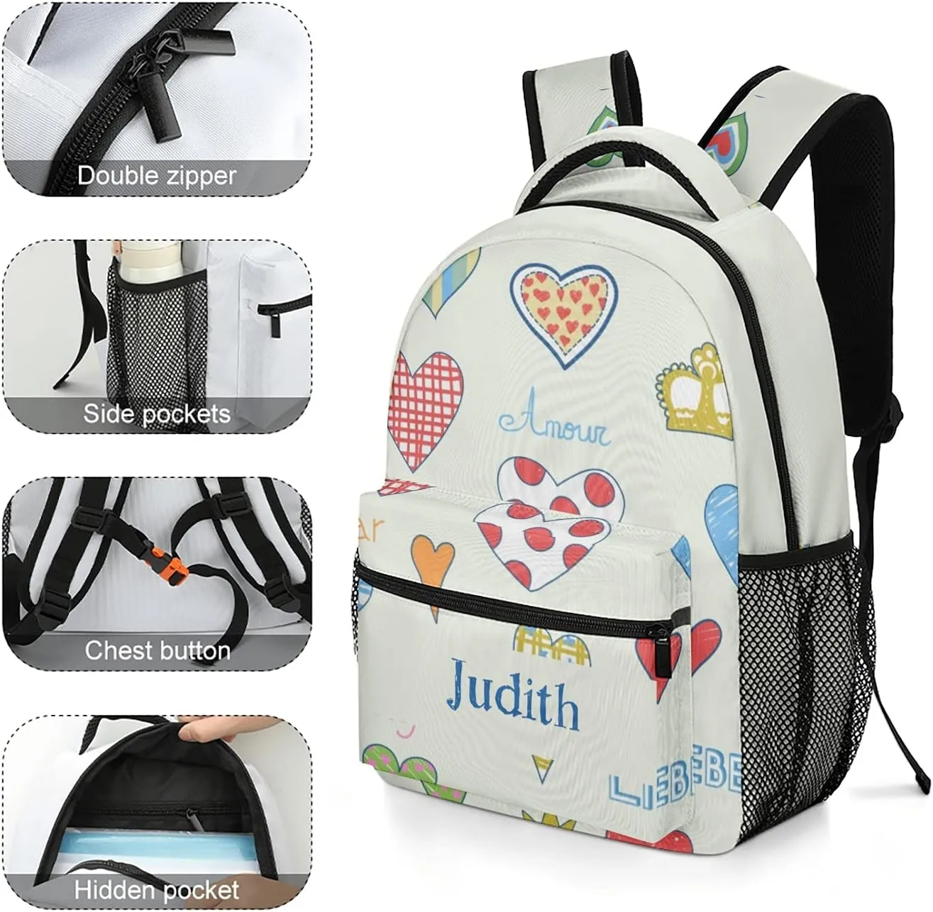 Hearts Custom Kids Backpack, Personalized Student School Bags for Boys & Girls, Bookbags with Adjustable Strapfor Travel