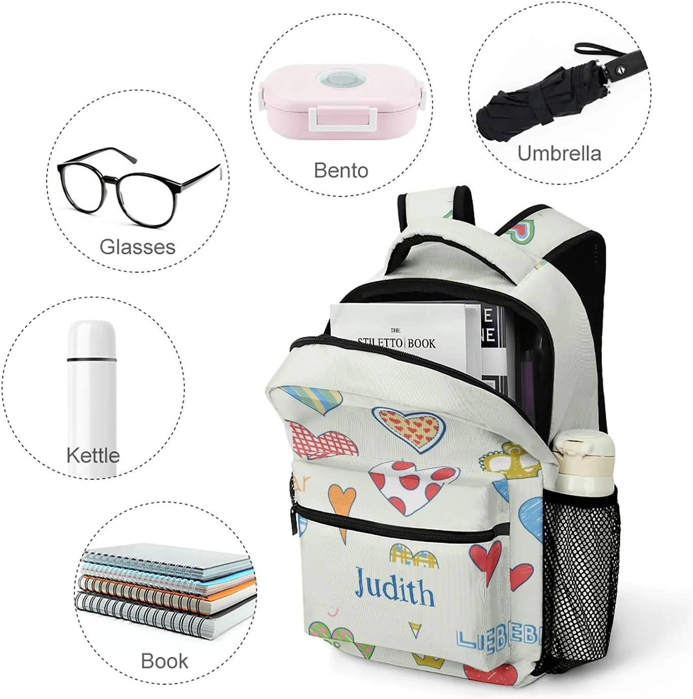 Hearts Custom Kids Backpack, Personalized Student School Bags for Boys & Girls, Bookbags with Adjustable Strapfor Travel