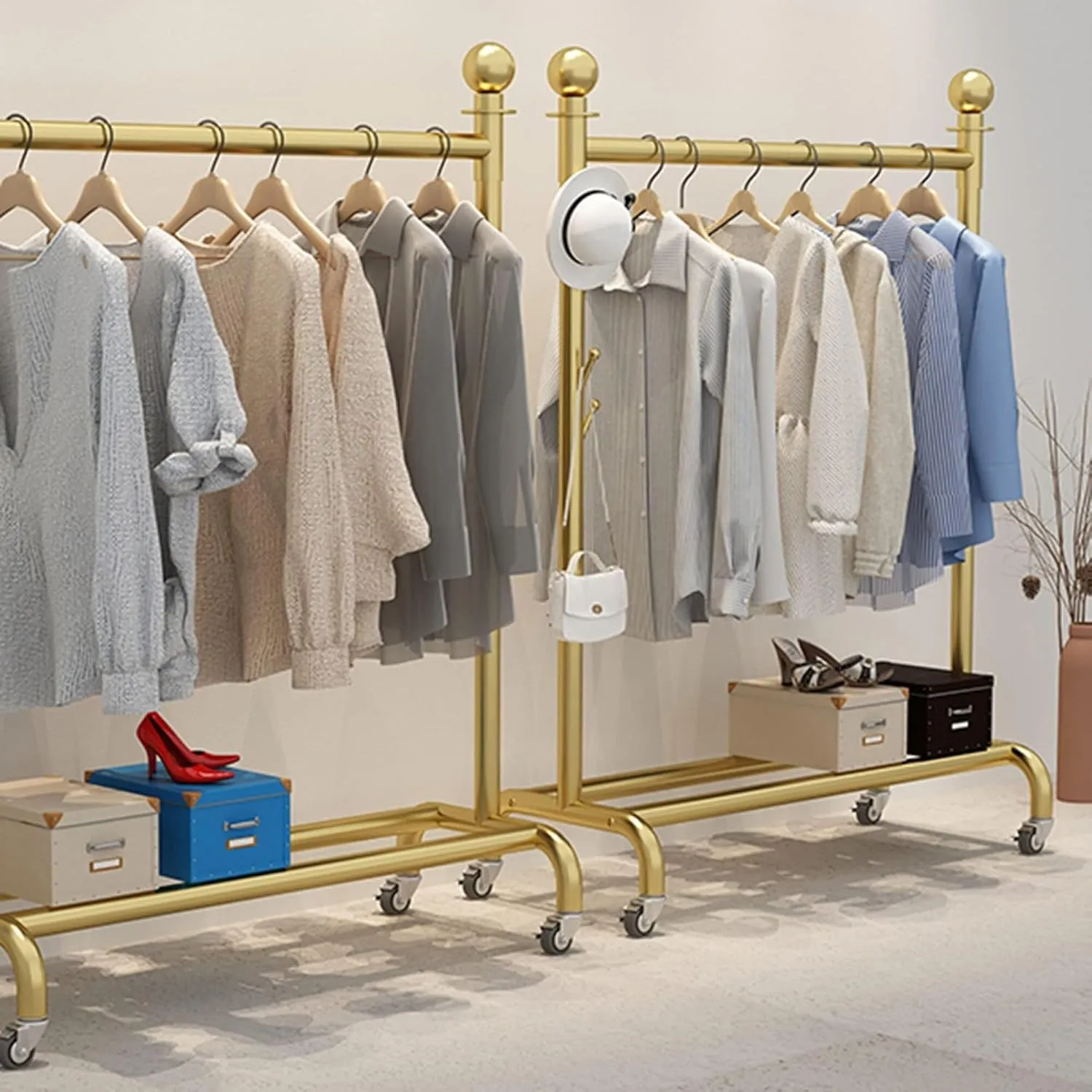 Heavy-Duty Clothes Rail with Hooks Bottom Rack, Wheeled Metal Coat Rack,Freestanding Retail Display Rack(120x135cm)
