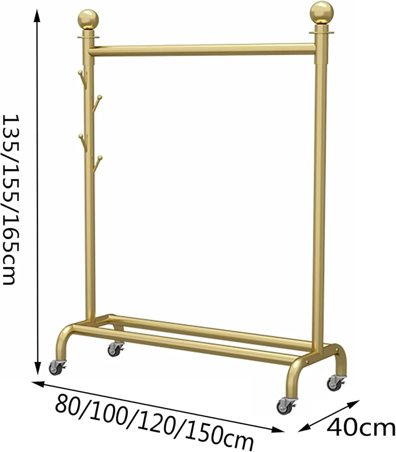 Heavy-Duty Clothes Rail with Hooks Bottom Rack, Wheeled Metal Coat Rack,Freestanding Retail Display Rack(120x135cm)