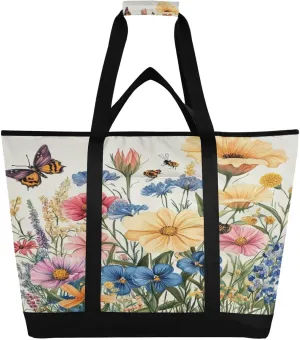 Herb Wildflower Reusable Insulated Lunchbox Cooler Bag, Leakproof Kitchen Grocery Bag Collapsible Portable Cooler Tote Bag for Picnic, Camping, Office, Travel