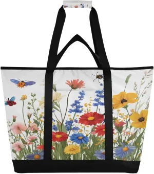 Herb Wildflower Reusable Insulated Lunchbox Cooler Bag, Leakproof Kitchen Grocery Bag Collapsible Portable Cooler Tote Bag for Picnic, Camping, Office, Travel