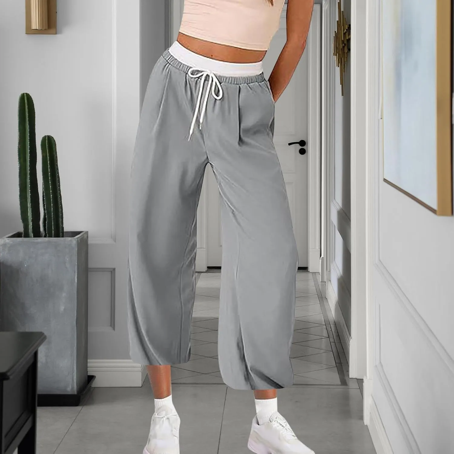 Hiking Pants Women Lightweight Travel Athletic Elastic Waist Cargo Pants Baggy Drawstring Joggers Sweatpants
