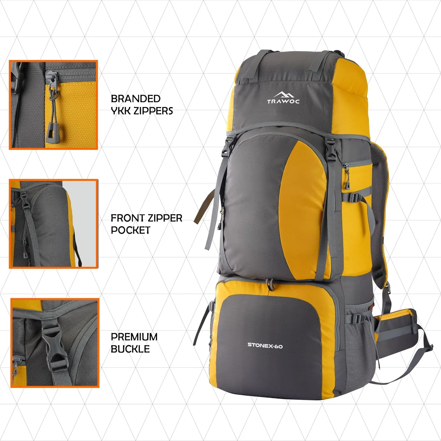 HK001 Synthetic 60L Water Proof Travel Backpack for Hiking (Yellow)