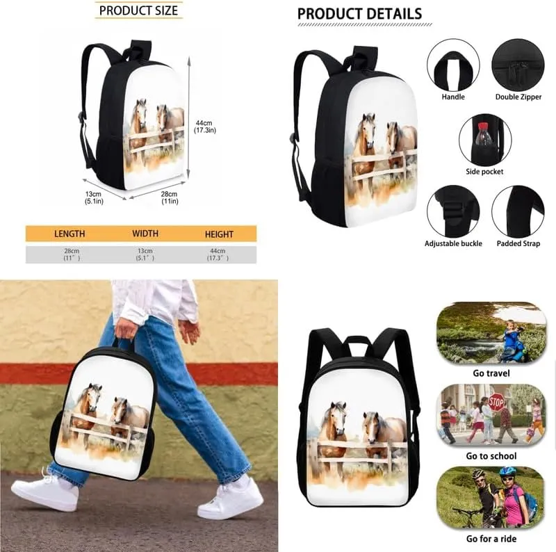 Horse Countryside Hand Drawing Backpack with Lunch Box Horse Watercolor Painting Pencil Holder Case, Casual Travel Rucksack Kids School Bookbag,Set of 3