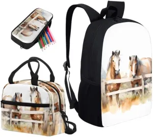 Horse Countryside Hand Drawing Backpack with Lunch Box Horse Watercolor Painting Pencil Holder Case, Casual Travel Rucksack Kids School Bookbag,Set of 3