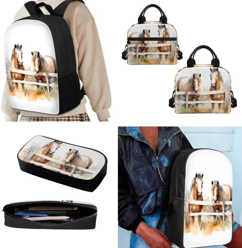 Horse Countryside Hand Drawing Backpack with Lunch Box Horse Watercolor Painting Pencil Holder Case, Casual Travel Rucksack Kids School Bookbag,Set of 3
