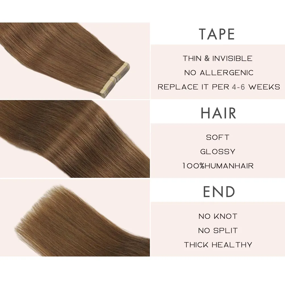 Human Hair Tape in Extensions, Medium Brown Hair Extensions Real Human Hair 22 Inch 20pcs Remy Straight Tape ins Invisible Tape in Hair Extensions Human Hair (10#,22 Inch)