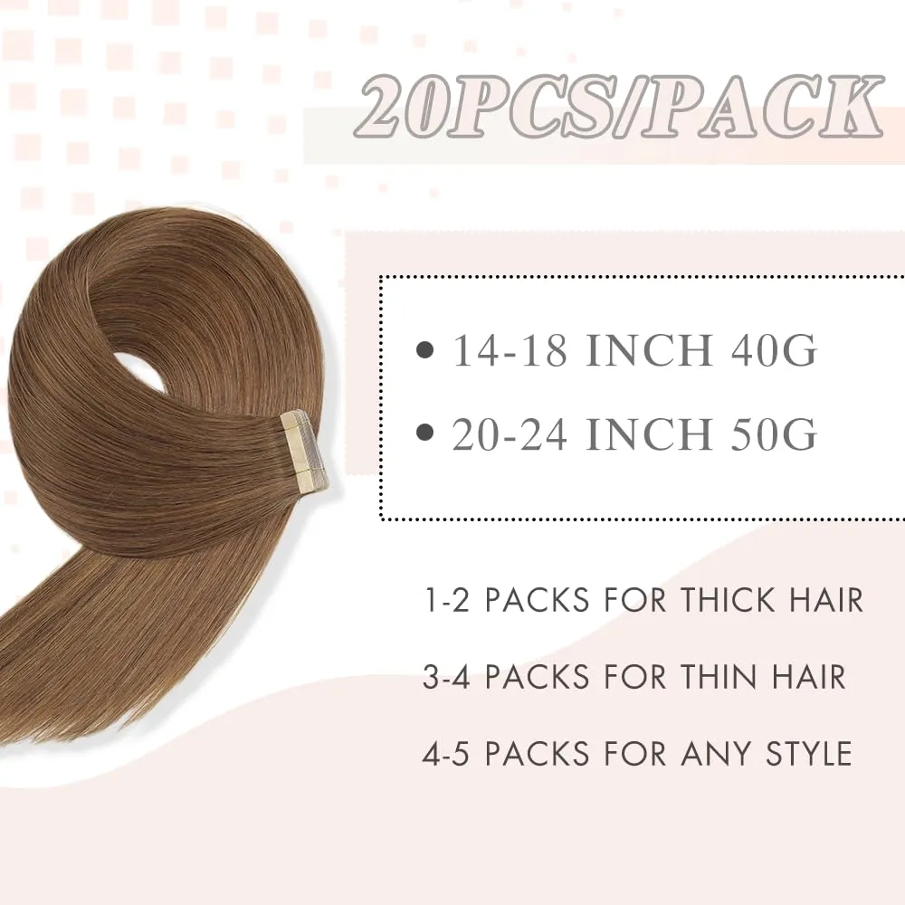 Human Hair Tape in Extensions, Medium Brown Hair Extensions Real Human Hair 22 Inch 20pcs Remy Straight Tape ins Invisible Tape in Hair Extensions Human Hair (10#,22 Inch)
