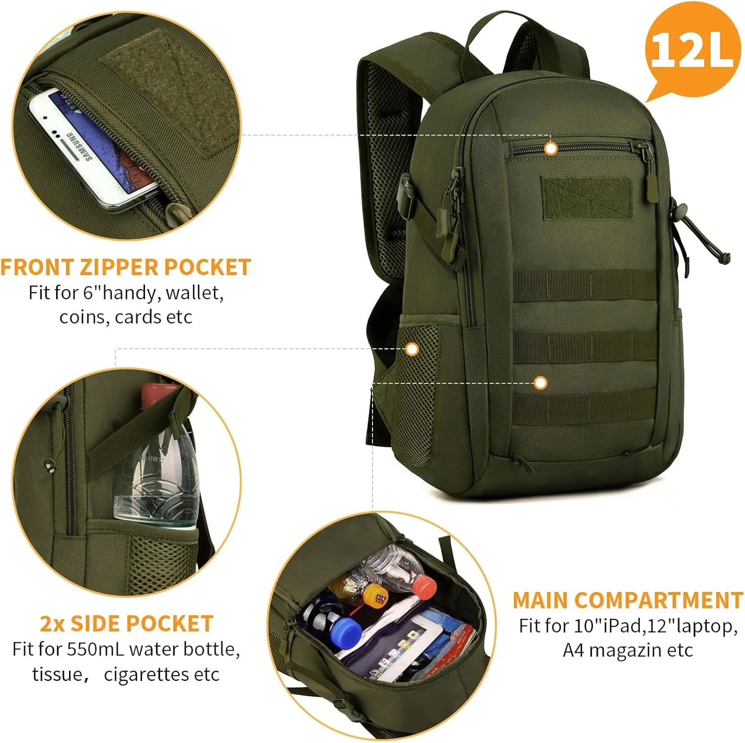 HUNTVP 10L/20L Mini Daypack Military MOLLE Backpack Rucksack Gear Tactical Assault Pack Bag for Hunting Camping Trekking