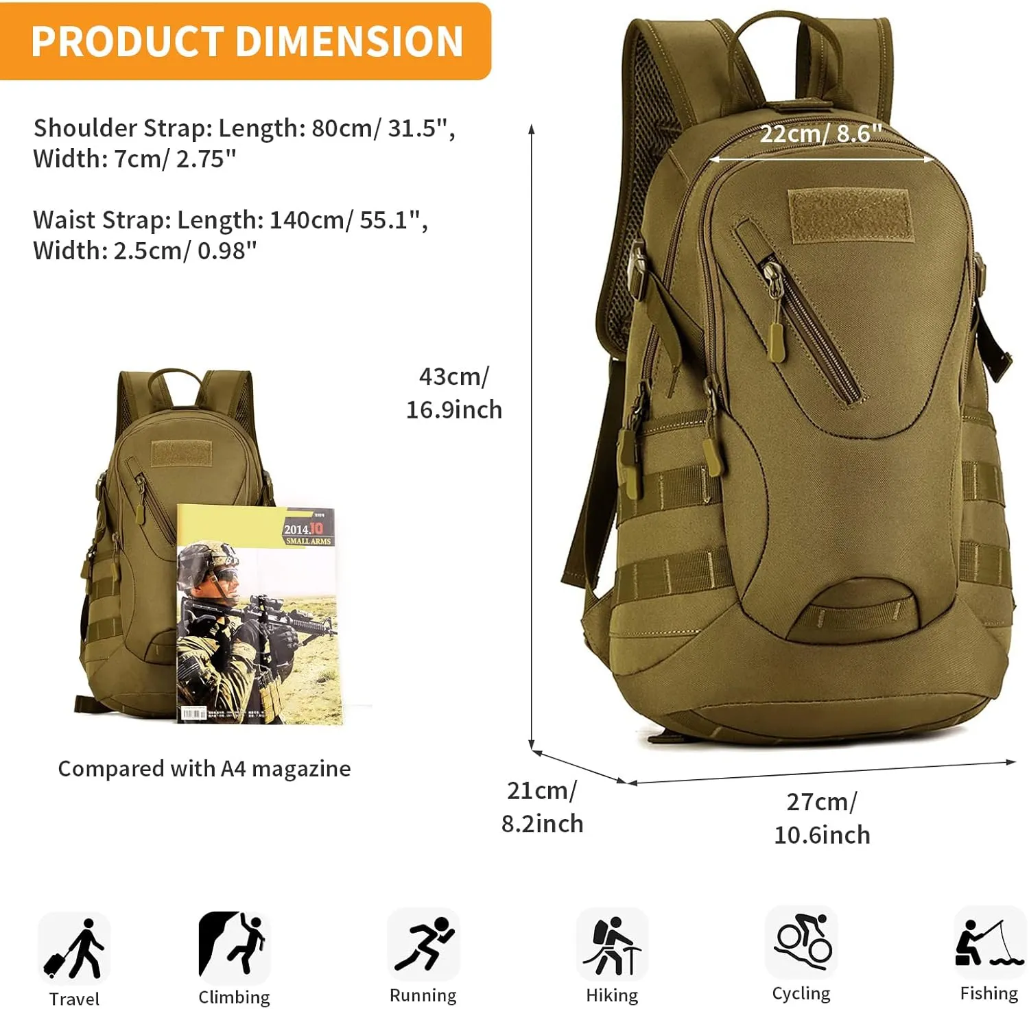 HUNTVP Military MOLLE Backpack Rucksack Gear Tactical Assbault Packbag 20L for Hunting Camping Trekking Travel