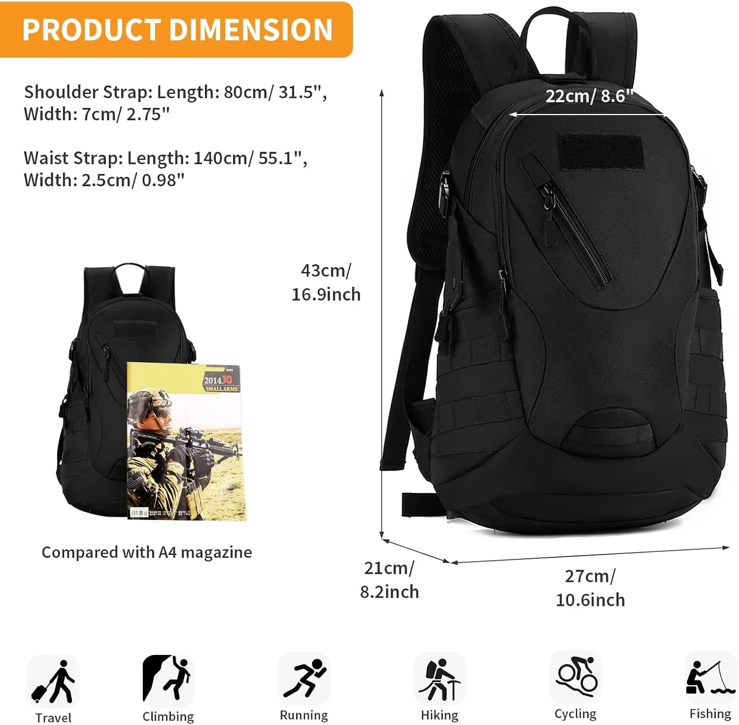 HUNTVP Military MOLLE Backpack Rucksack Gear Tactical Assbault Packbag 20L for Hunting Camping Trekking Travel
