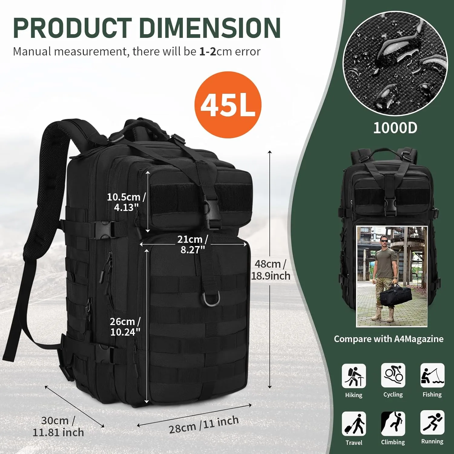 HUNTVP Military Tactical Backpack 45L Tactical Laptop Backpack MOLLE Backpack 1000D 3 Day Assault Pack Army Camping Hiking Rucksack Outdoor Backpack (Black)