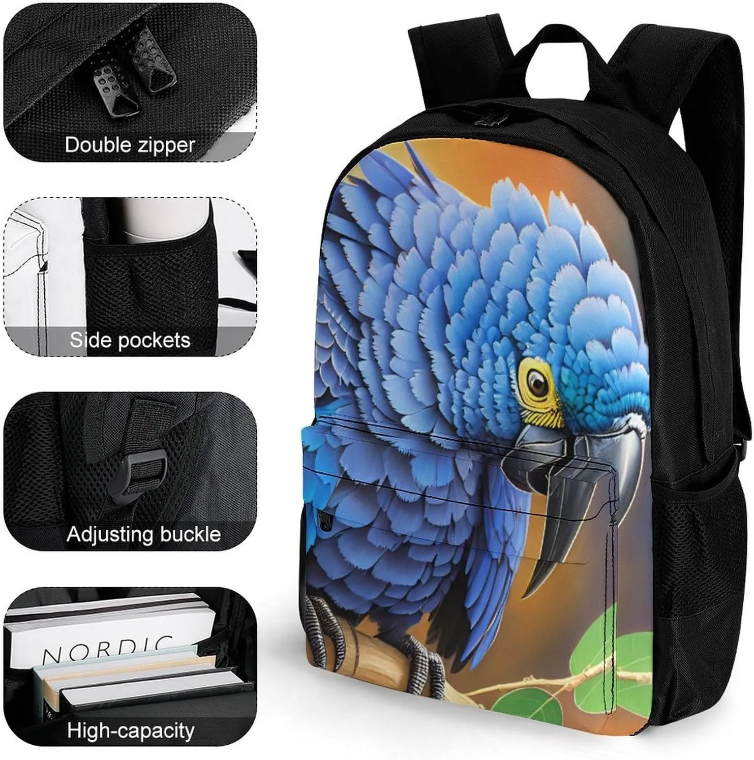 Hyacinth Macaw Art Rucksack Polyester Anti-Theft Multipurpose Bookbag Big Capacity Travel and Sport Backpack Rucksack With Side Pockets