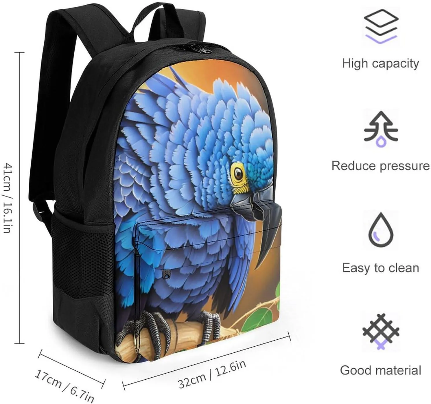 Hyacinth Macaw Art Rucksack Polyester Anti-Theft Multipurpose Bookbag Big Capacity Travel and Sport Backpack Rucksack With Side Pockets