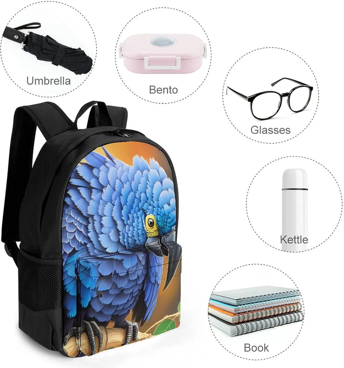 Hyacinth Macaw Art Rucksack Polyester Anti-Theft Multipurpose Bookbag Big Capacity Travel and Sport Backpack Rucksack With Side Pockets