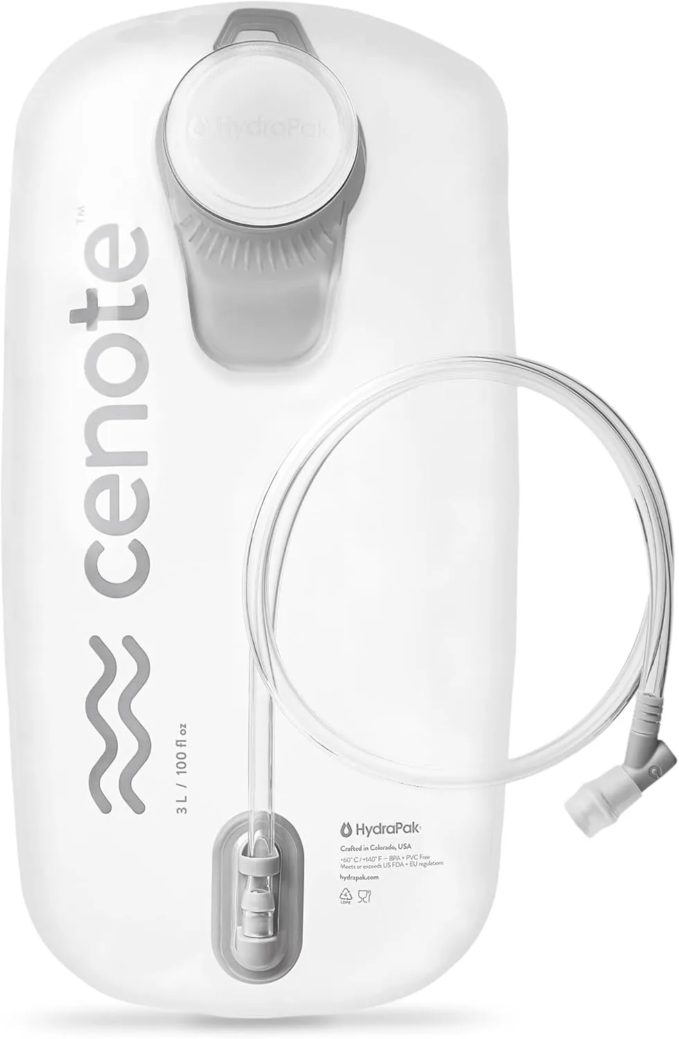 HydraPak Cenote (2L or 3L Hydration Reservoir) - Everyday Water Bladder Made in The USA, Fits Most Packs - Leak-Proof Cap, No-Kink Tube and Self-Sealing Valve