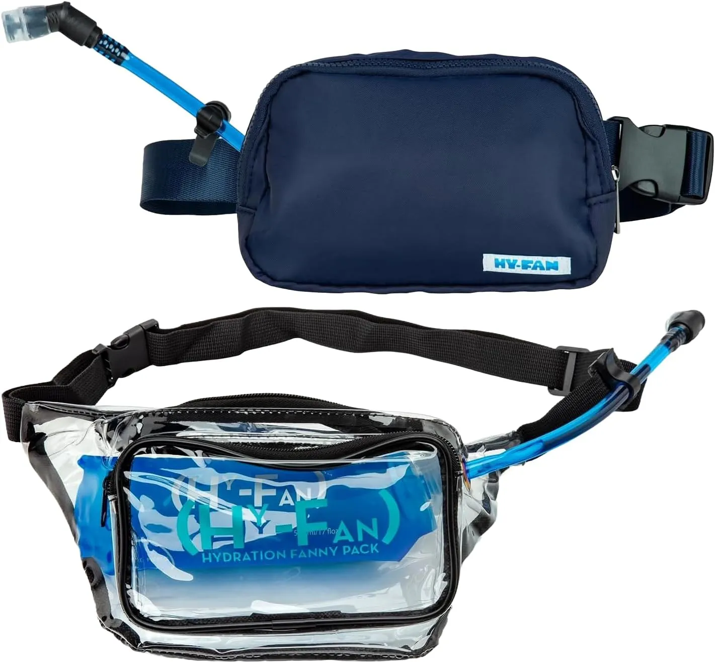 Hydration Fanny Pack with Bladder, 17oz BPA-Free, Hands-Free Design, Secure Pockets, Ideal for Athletic Outdoor Activities, Travel and More – 1 Blue, and 1 Clear Pack