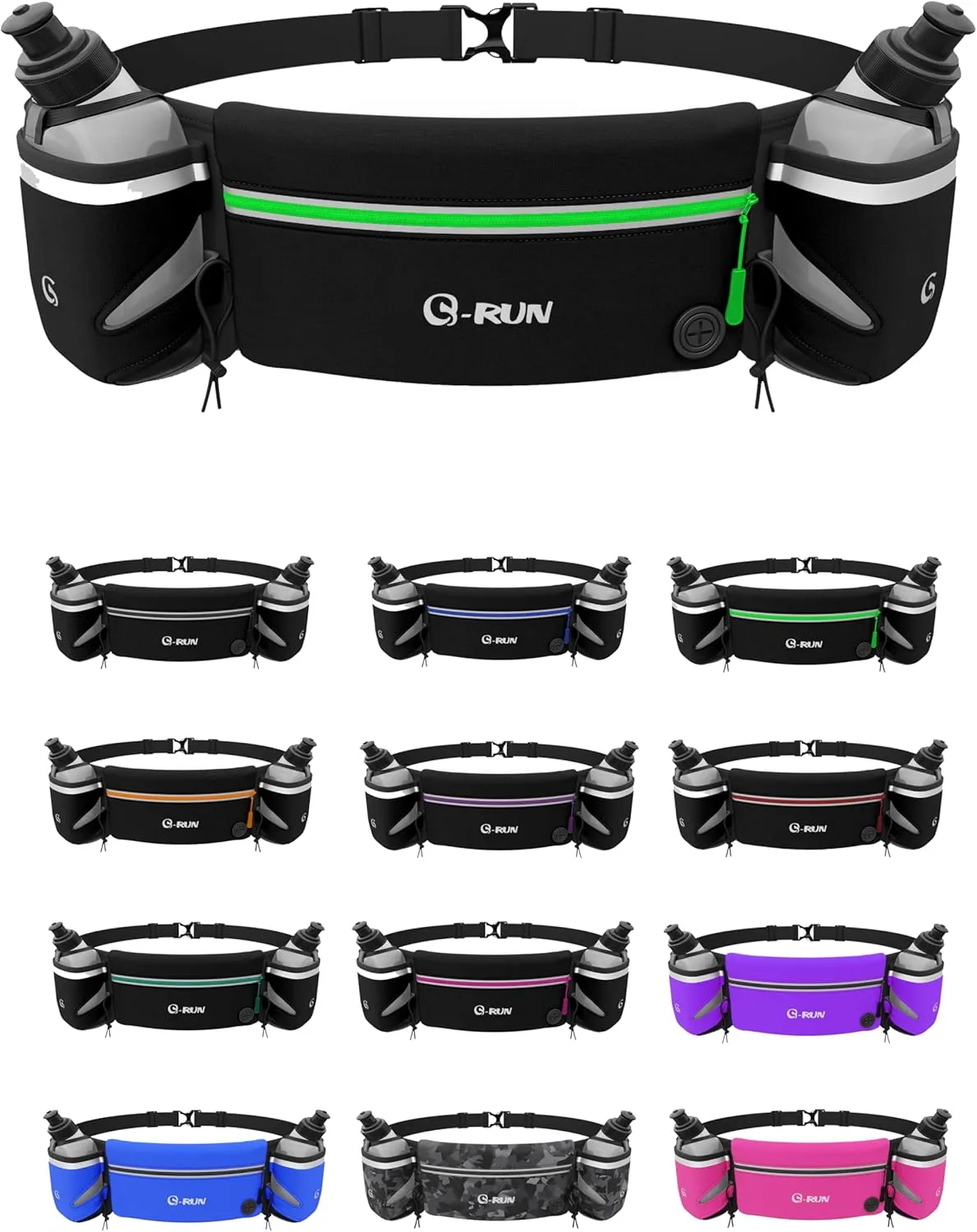 Hydration Running Belt with 2x10oz Bottles - Water Belts for Woman and Men - iPhone Belt for Any Phone Size - Fuel Marathon Waist Pouch for Runners - Jogging Cycling Biking