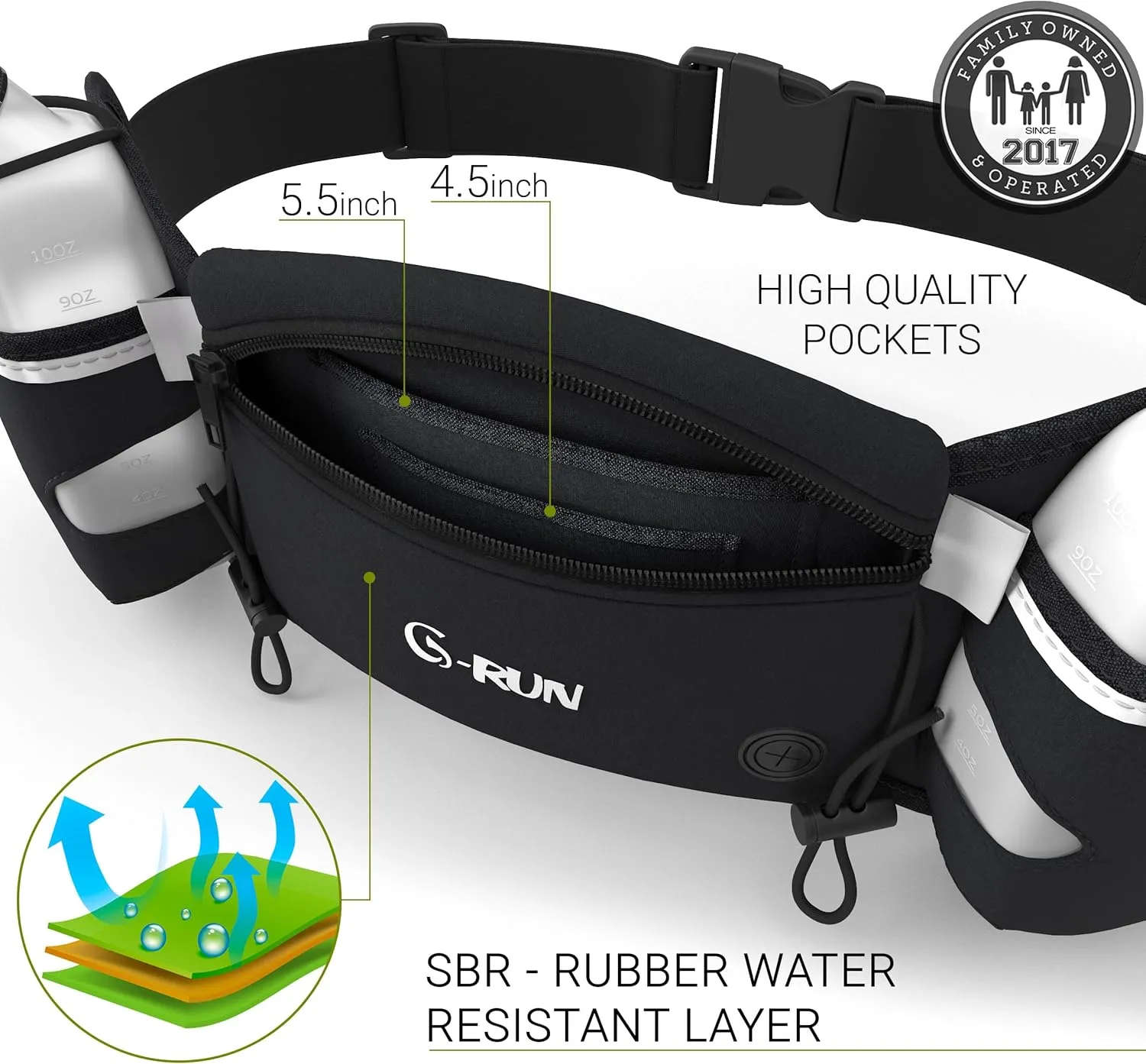 Hydration Running Belt with 2x10oz Bottles - Water Belts for Woman and Men - iPhone Belt for Any Phone Size - Fuel Marathon Waist Pouch for Runners - Jogging Cycling Biking