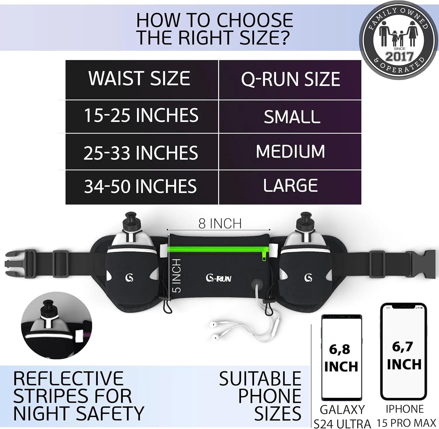 Hydration Running Belt with 2x10oz Bottles - Water Belts for Woman and Men - iPhone Belt for Any Phone Size - Fuel Marathon Waist Pouch for Runners - Jogging Cycling Biking