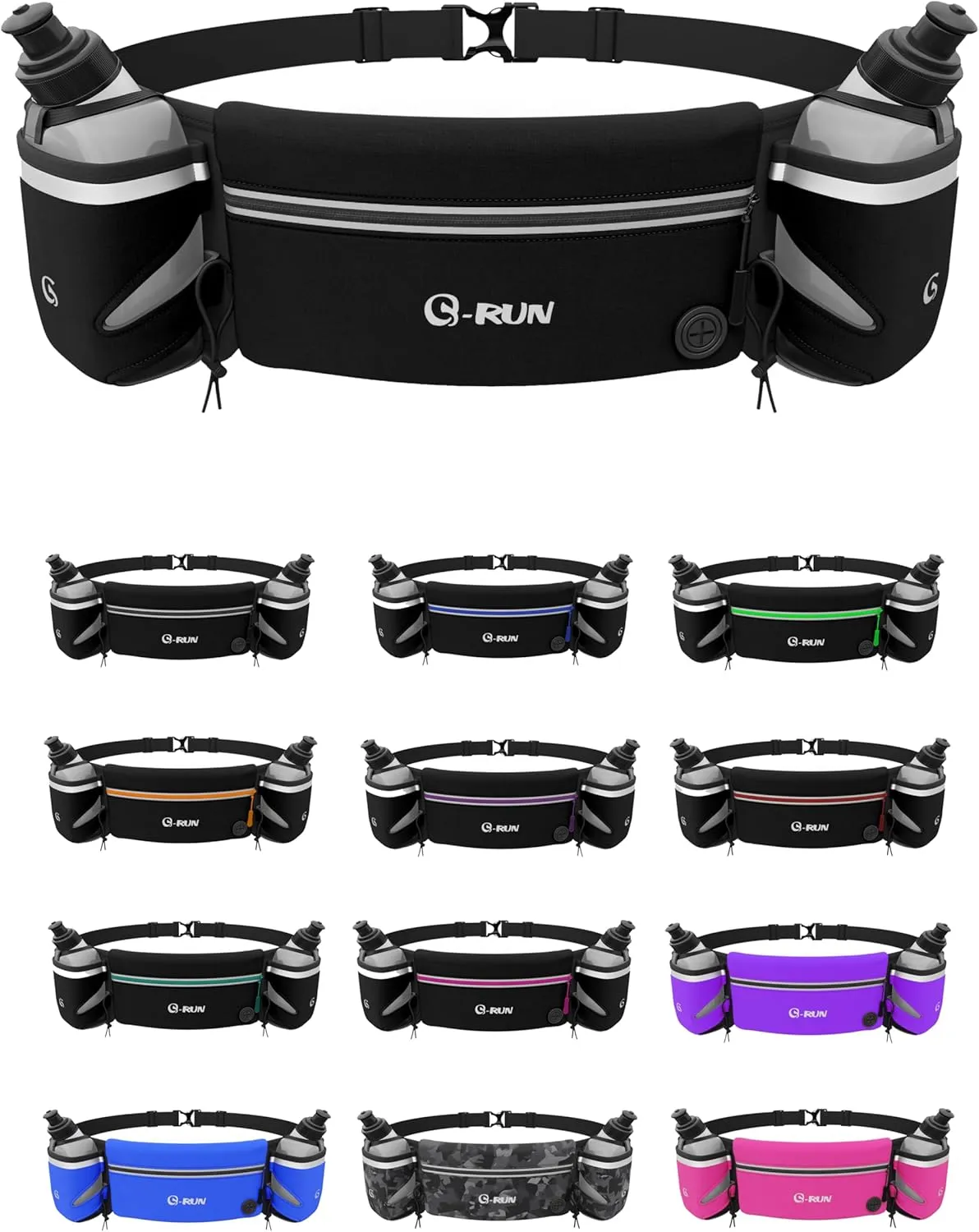 Hydration Running Belt with 2x10oz Bottles - Water Belts for Woman and Men - iPhone Belt for Any Phone Size - Fuel Marathon Waist Pouch for Runners - Jogging Cycling Biking