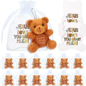 HyDren 12 Pcs Bear Stuffed Animals Bulk Jesus Loves You Beary Much 4'' Religious Soft Plush Doll Small Stuffed Toy for Girl Boy Birthday Decor Gift Party Favors