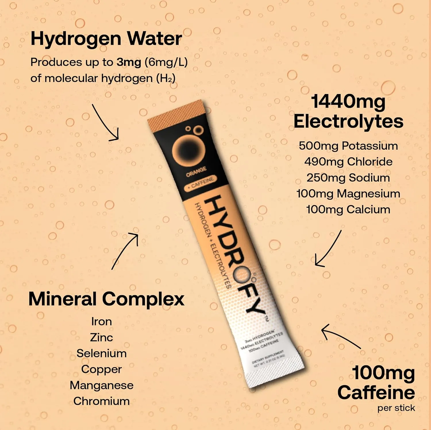 Hydrofy Hydrogen Water   Electrolytes Drink Mix | H2 Hydration Packets with Molecular Hydrogen, Sodium, Potassium, Magnesium, Calcium, and Minerals | No Sugar | Orange   Caffeine 25 ct