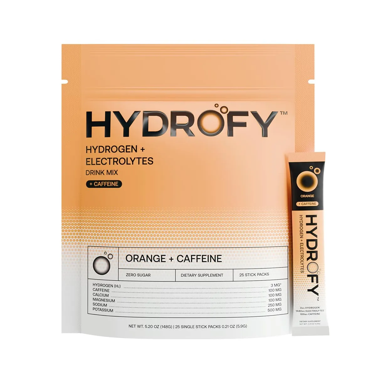 Hydrofy Hydrogen Water   Electrolytes Drink Mix | H2 Hydration Packets with Molecular Hydrogen, Sodium, Potassium, Magnesium, Calcium, and Minerals | No Sugar | Orange   Caffeine 25 ct