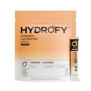 Hydrofy Hydrogen Water   Electrolytes Drink Mix | H2 Hydration Packets with Molecular Hydrogen, Sodium, Potassium, Magnesium, Calcium, and Minerals | No Sugar | Orange   Caffeine 25 ct