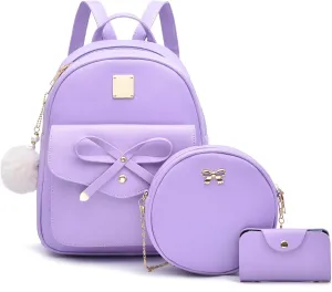 I IHAYNER Girls Bowknot 3-Pieces Fahsion Leather Backpack Backpack Purse for Women Rucksack for Ladies Shoulder Bag