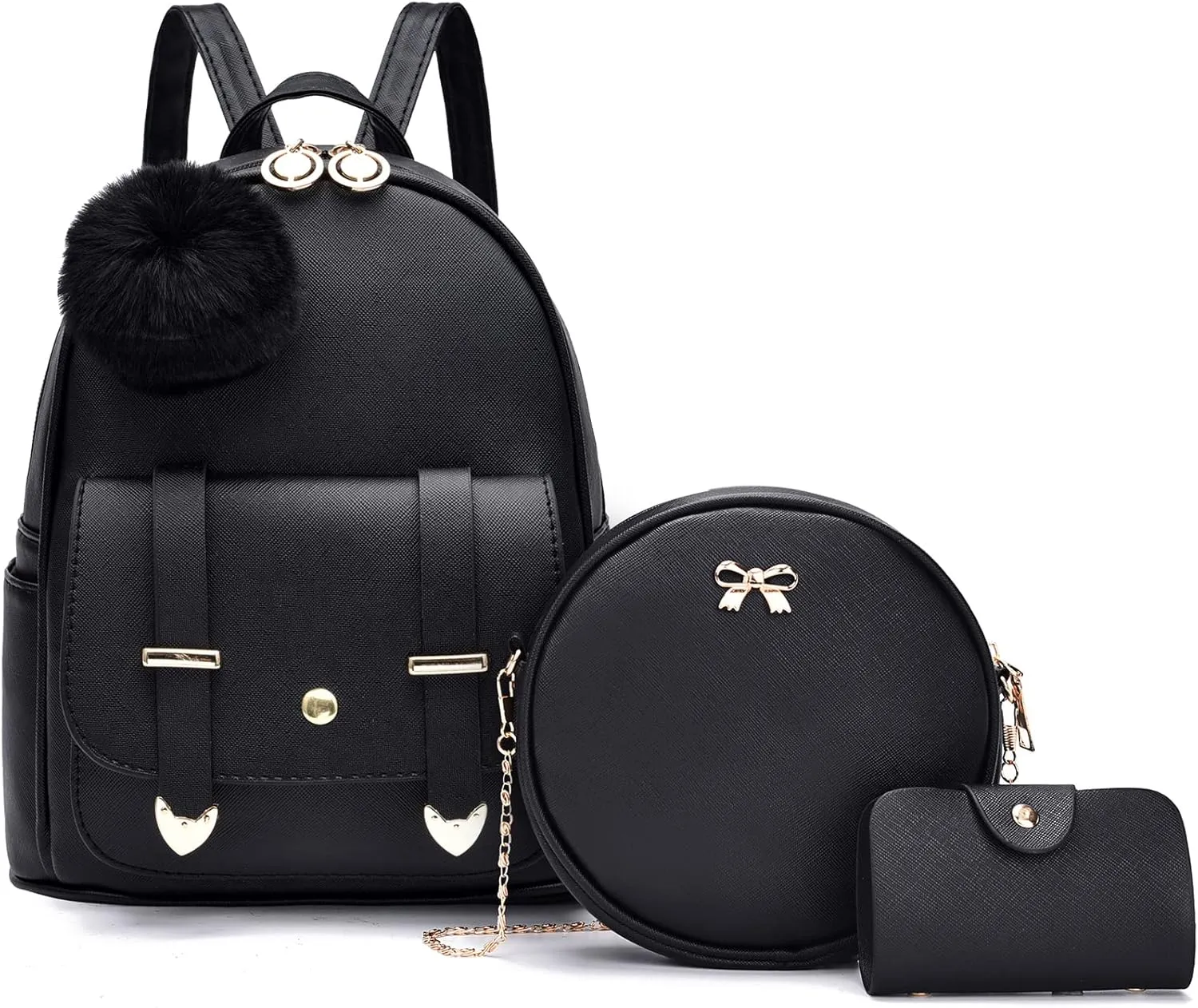 I IHAYNER Mini Backpack Purse for Teen Girls 3-PCS Fashion Backpack Cute Travel Daypacks Women Pompom Backpack Shoulder Bag