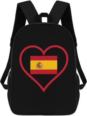 I Love Spain Red Heart 17 Inch Travel Backpack Casual Daypacks Computer Shoulder Bag for Work Shopping Unisex