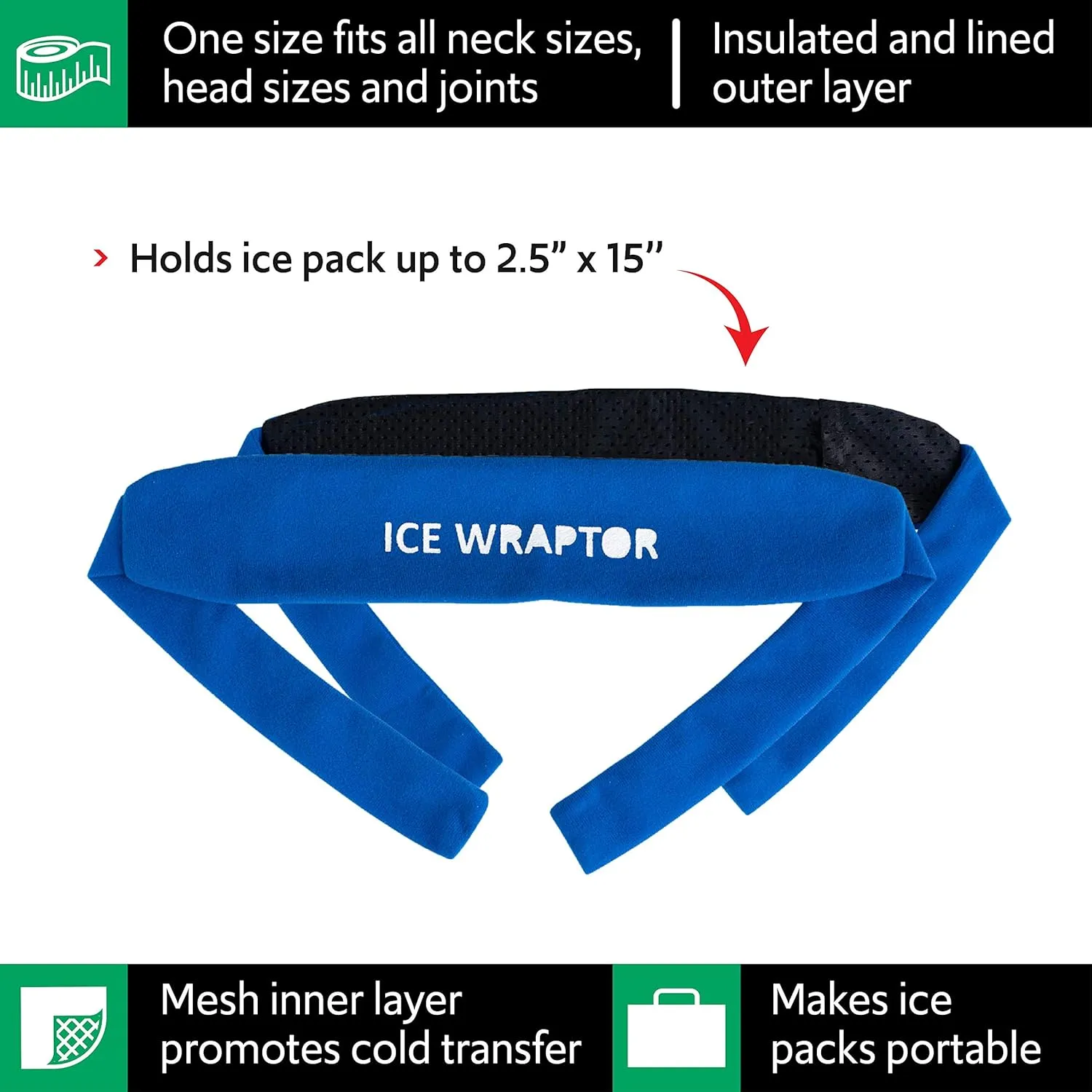 Ice Wraptor Bandana   4 inserts:Just Add Water & freeze. Keep Neck, Head, oints Cool. Portable Ice Therapy for Pain Relief.Adjustable, Lightweight Comfortable- w/ 5 2.5"x15" Reusable Cryosheet Inserts