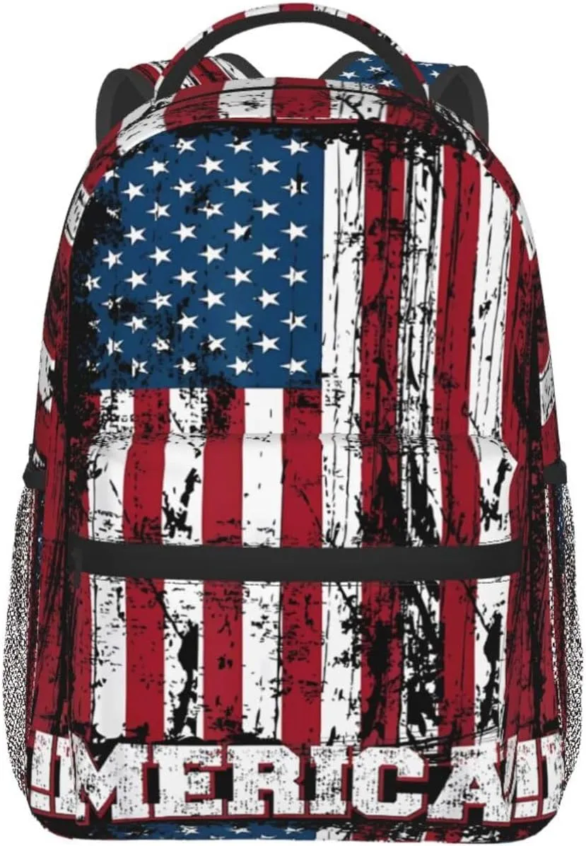 Independence Day American Flag Patriotic Backpack Casual Pack Bag Laptop Backpack With Side Pocket Front Zipper Pocket Bookpack Travel Daypack Picnic Rucksack