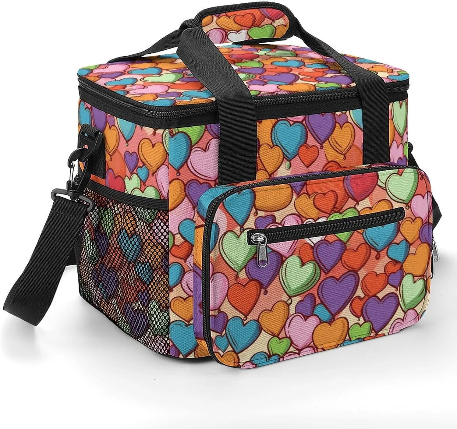 Insulated Camping Cooler Bag, Colorful Heart Pattern Print Ice Pack with Leakproof Lining 22.5L Capacity Portable Thermal Bag for Camping,Picnic