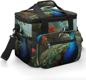 Insulated Camping Cooler Bag, Colorful Peacock Print Ice Pack with Leakproof Lining 22.5L Capacity Portable Thermal Bag for Camping,Picnic