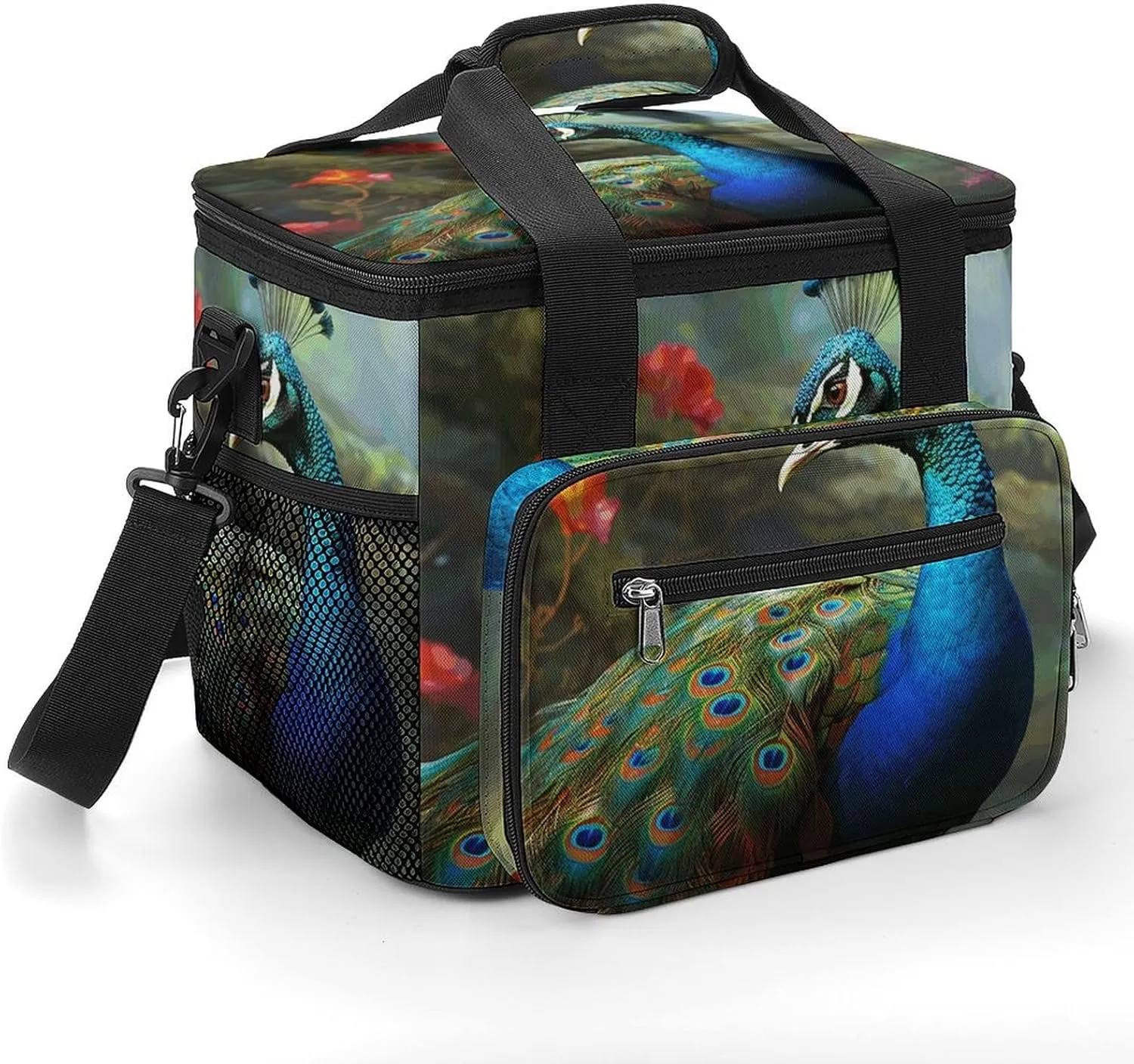 Insulated Camping Cooler Bag, Colorful Peacock Print Ice Pack with Leakproof Lining 22.5L Capacity Portable Thermal Bag for Camping,Picnic